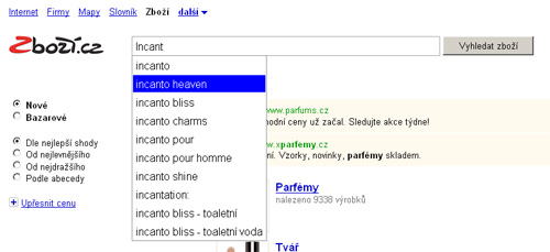 Zboží.cz - screenshot našeptávače