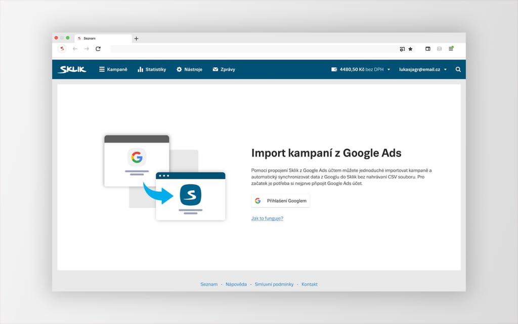Ukázka funkce import z Google Ads v rozhraní skliku