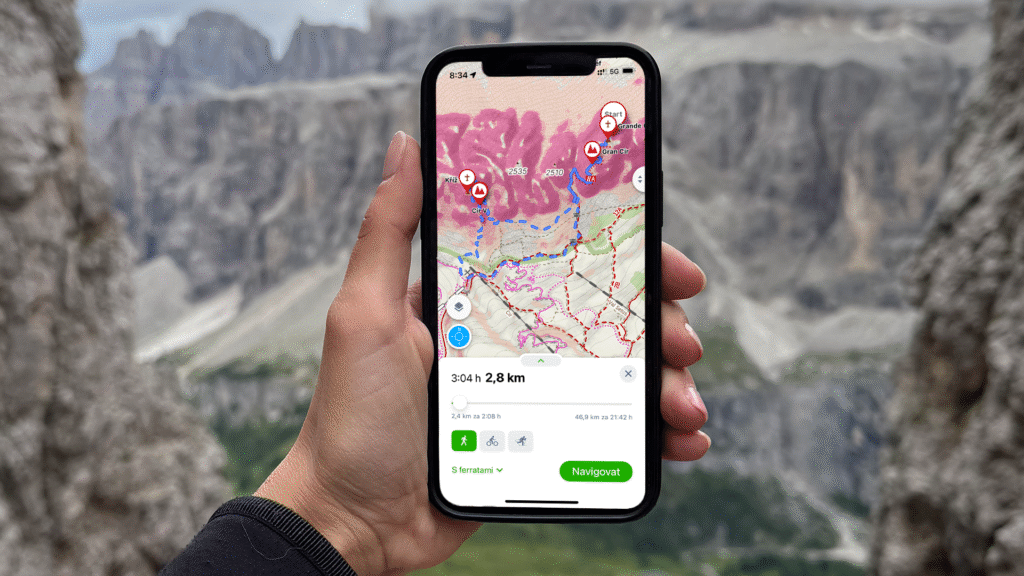 Peší trasy přes ferraty v mapy.com 